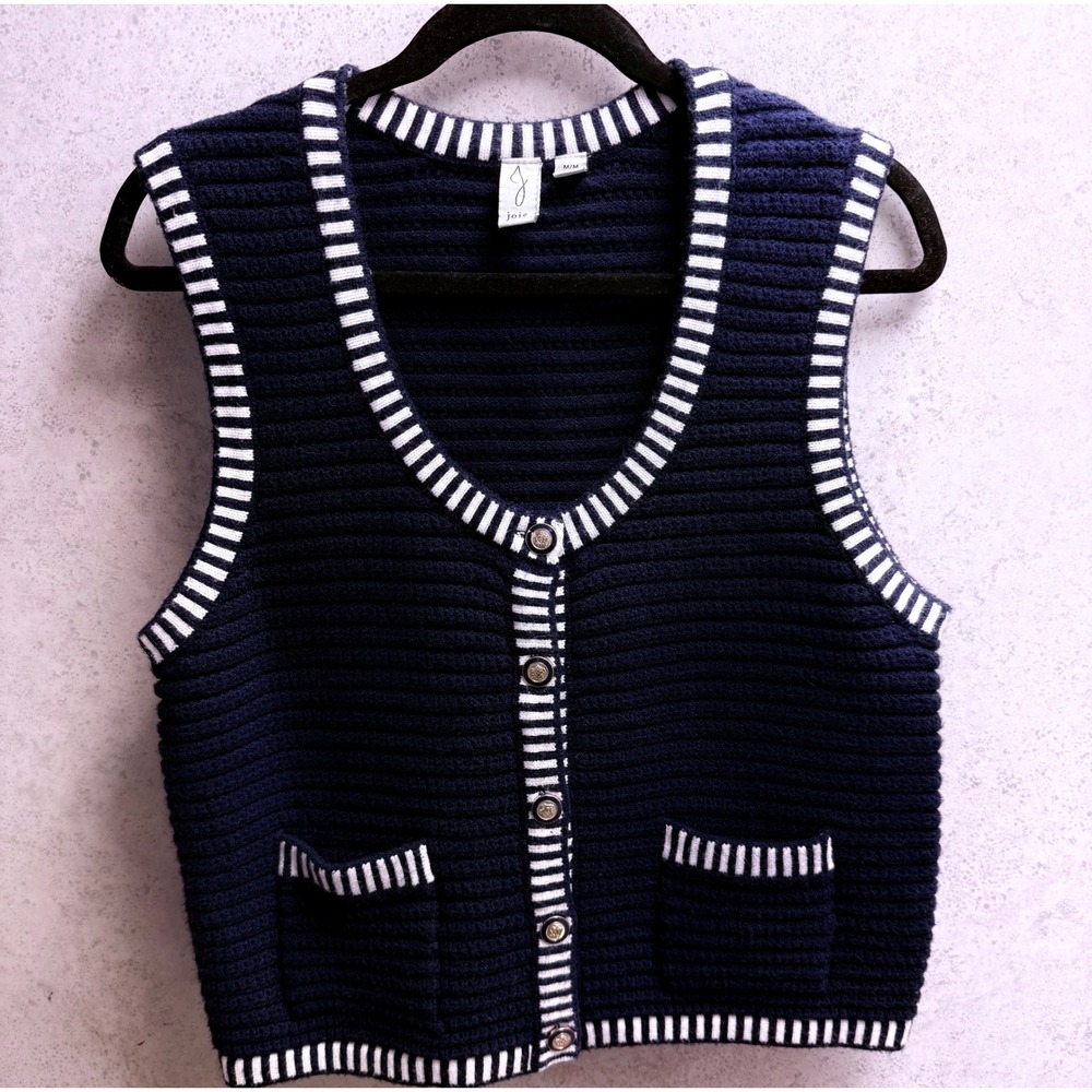 Joie M Womens Navy Dark Blue Knit White Striped Preppy Buttons Sweater Vest